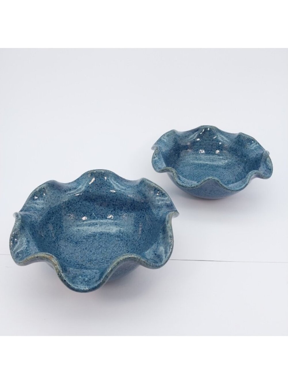 Pair 2 Signed Studio Pottery 6" Blue Bowls Ruffled Edge Wheelthrown Artisan